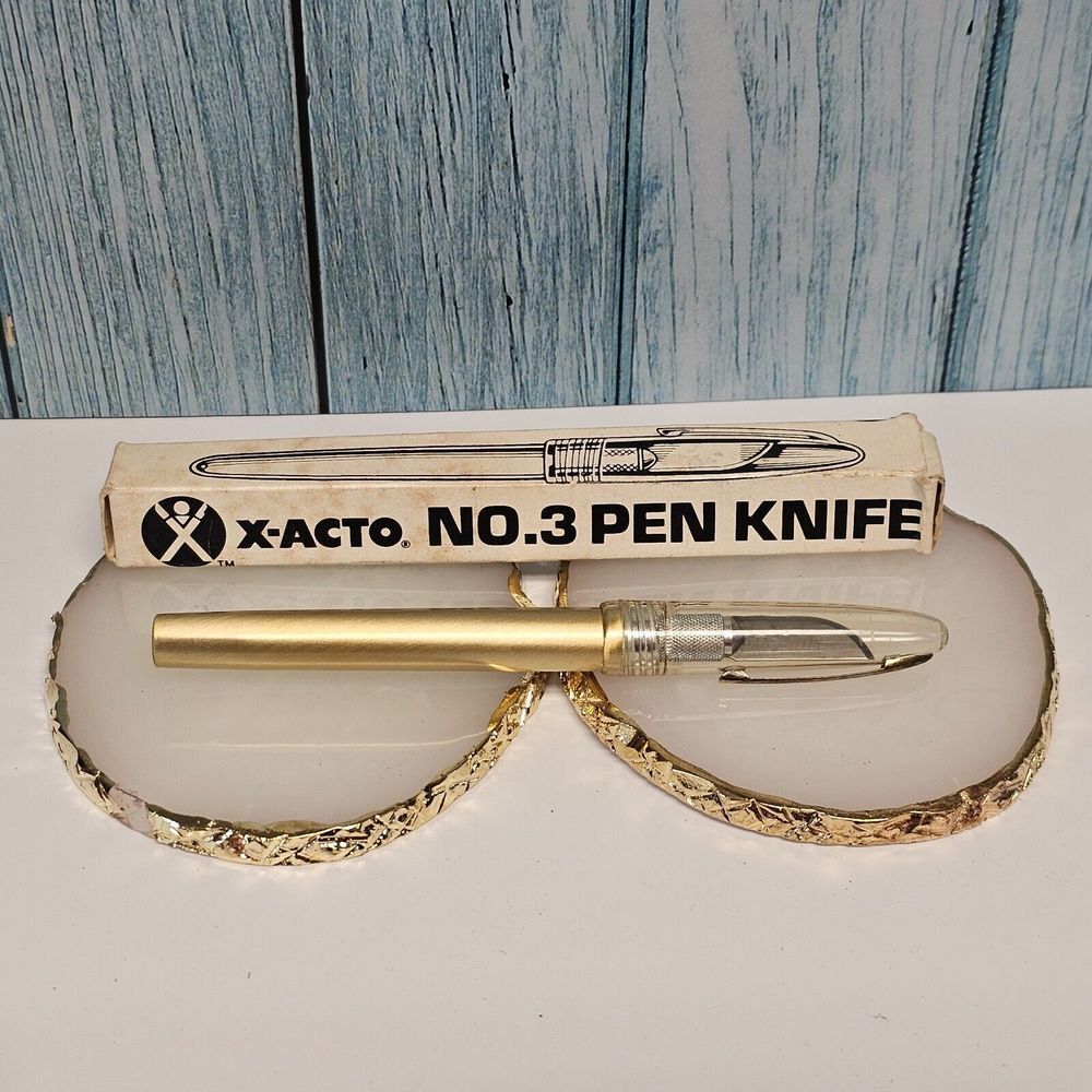 Vintage X-ACTO Pen Knife Gold Tone Metal Barrel NO. 3 Safety Cap Pocket Clip Box